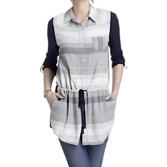 9-H15 STCL Linen Striped Drawstring Tunic Top Navy Blue Women Medium Boho Casual - Picture 1 of 15